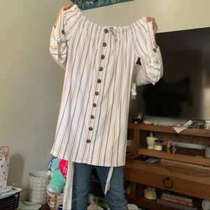 Tan and white off the shoulder dress